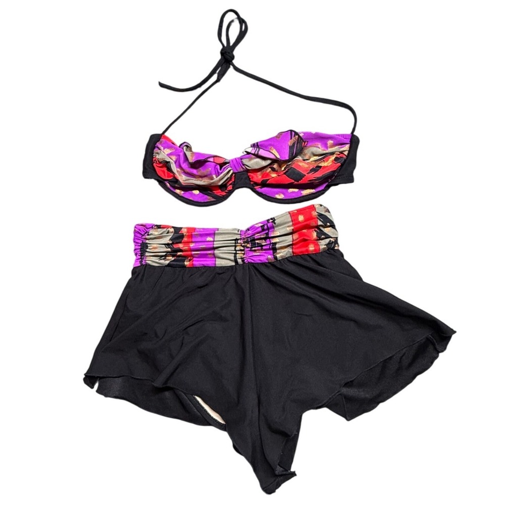 Vintage 80s The Slimsuit Bikini Set Size 10 Purple Abstract High Waist Swimwear